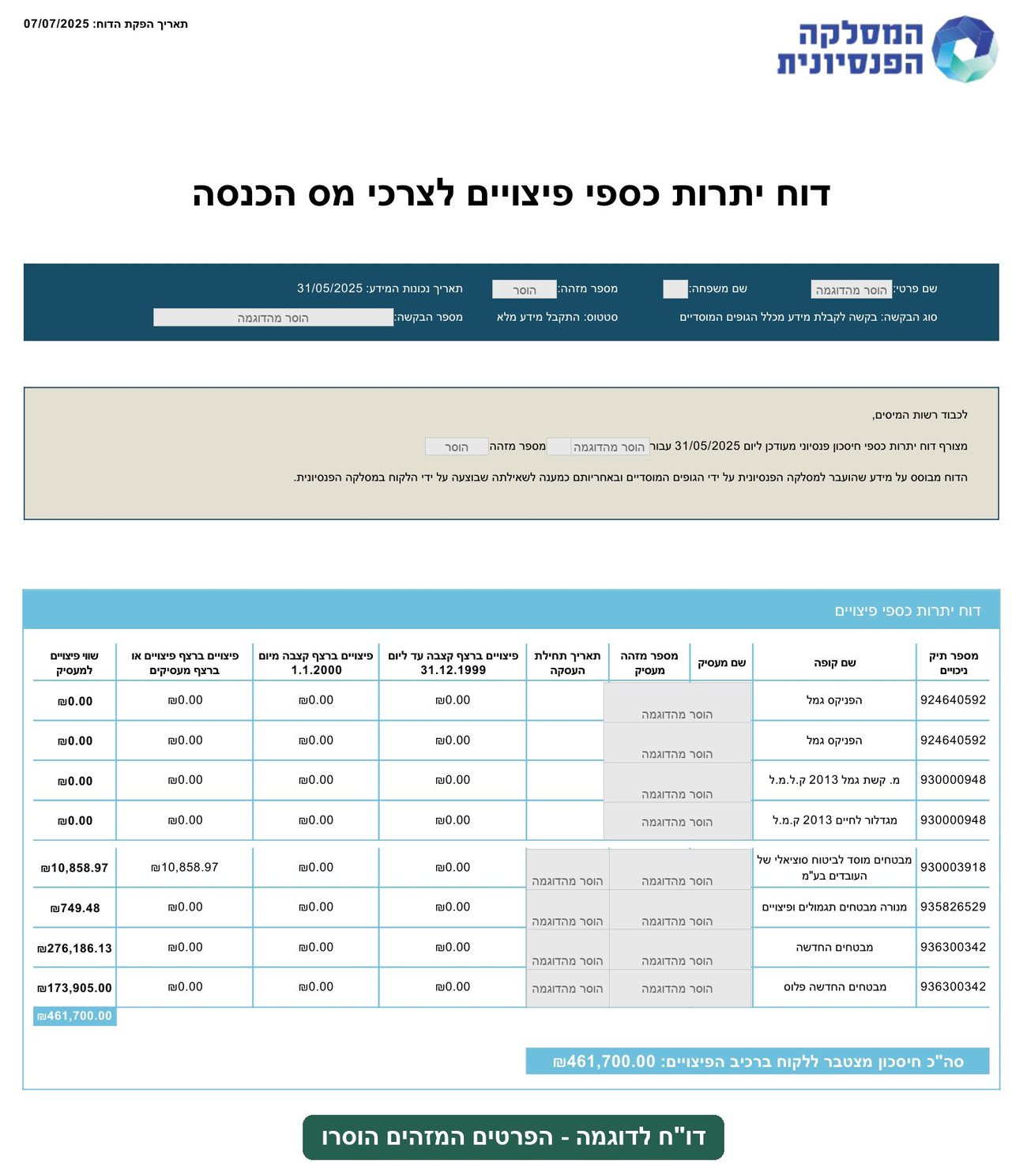 דו"ח יתרות כספי פיצויים - דוגמה